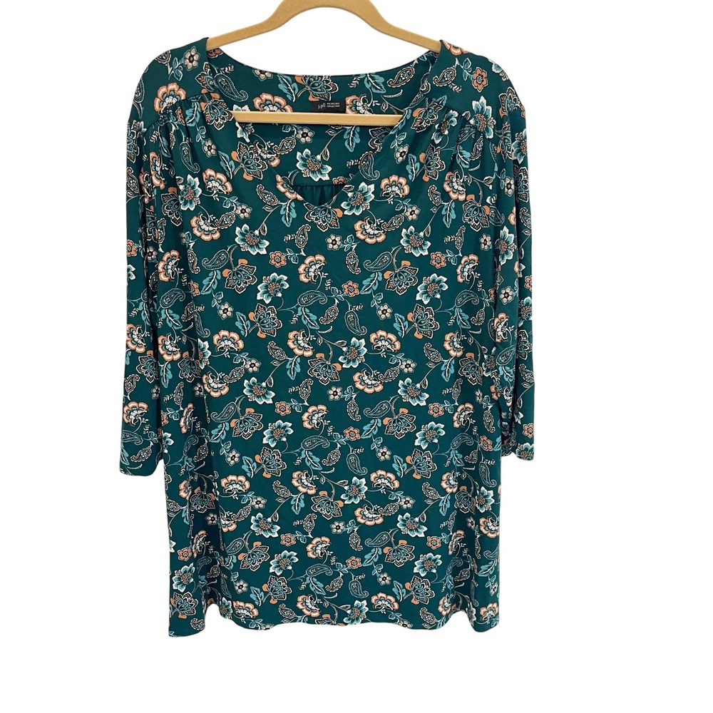 J. Jill Wearever Green Floral Paisley V-Neck Tunic Top Boho - Womens Size XL